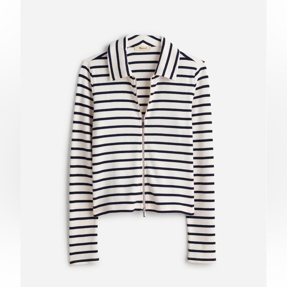 NWT Madewell Ribbed Zip-Front Tee in winter white stripe size M NS577 - Picture 7 of 13